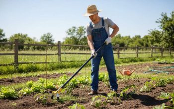 Gardener using a scuffle hoe to remove young weeds between vegetable rows on a sunny day