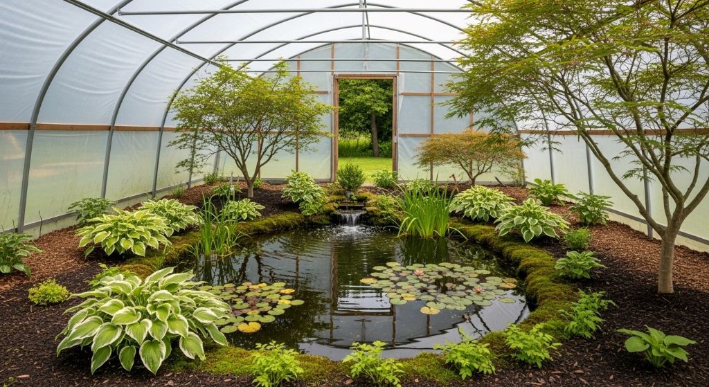 Hoop house style greenhouse protecting a small ornamental pond surrounded by shade-loving plants and trees