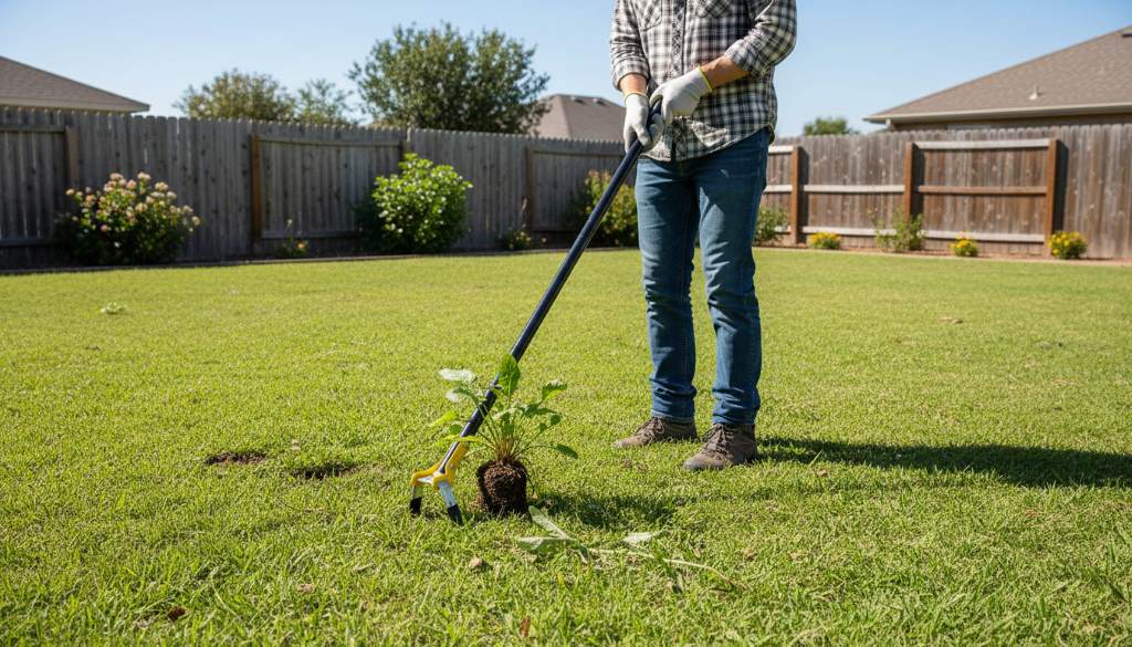 Person using a stand-up weeder to remove deep-rooted weeds from a lawn without bending over