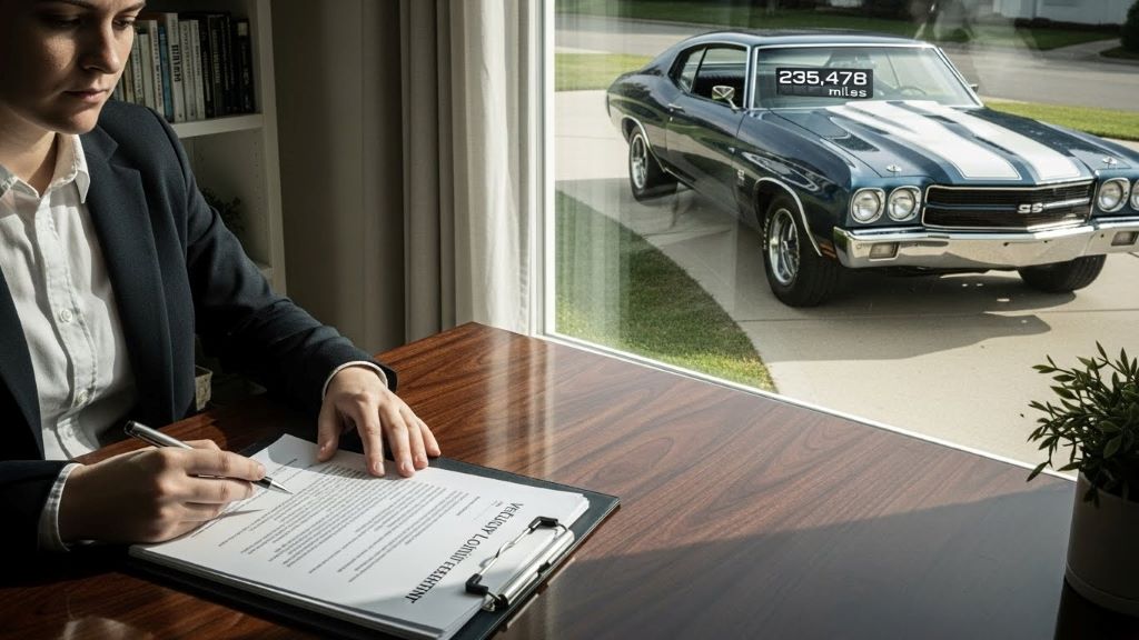 Person reviewing vehicle equity loan paperwork next to well-maintained older car with high mileage