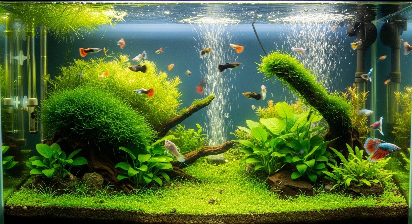 Live aquatic plants oxygenating freshwater aquarium
