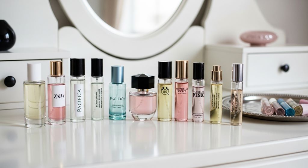 Collection of affordable everyday perfume bottles arranged on a white vanity table