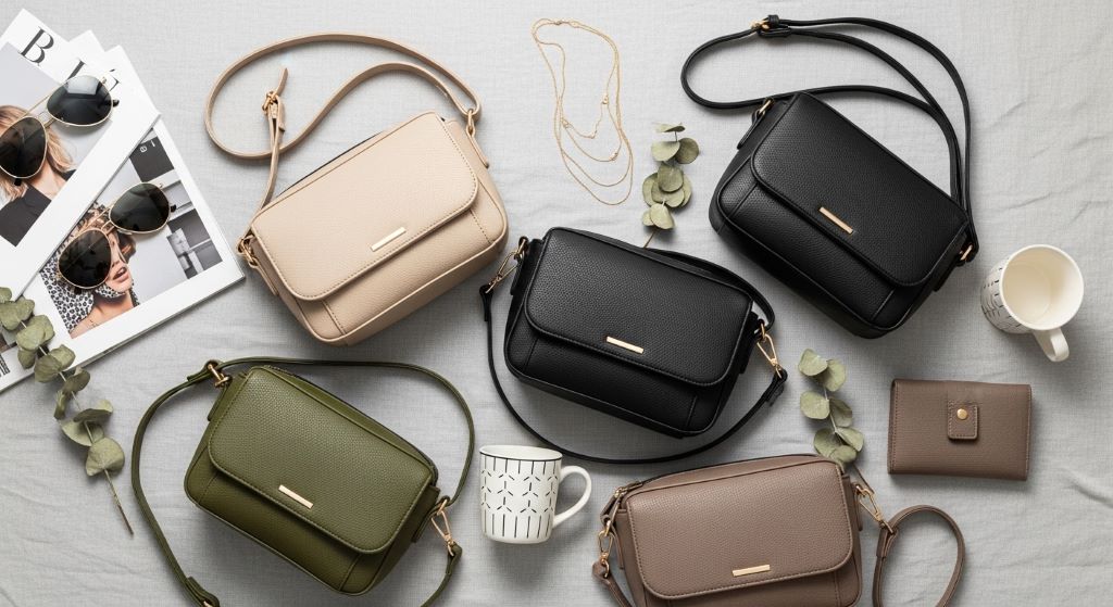 Collection of budget-friendly crossbody bags in neutral colors displayed with styling accessories
