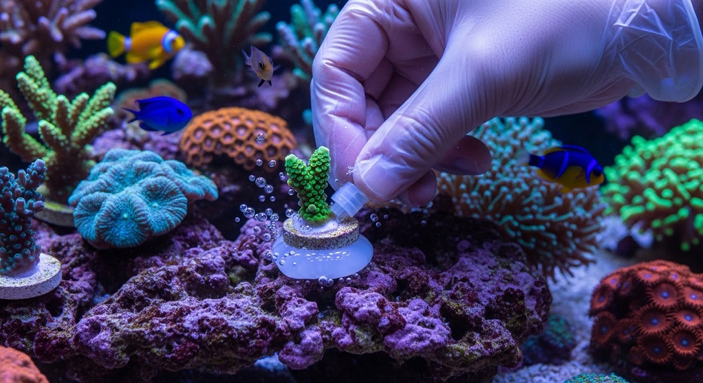 Applying reef safe glue to coral frag base before mounting