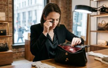Boutique owner inspecting premium handbag hardware in Chicago