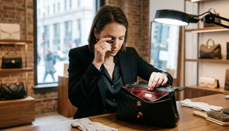 Boutique owner inspecting premium handbag hardware in Chicago