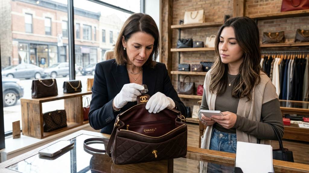 Chicago fashion boutique examining authentic designer bags