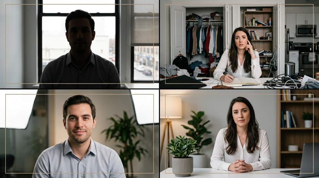 Clean interview background and ring light setup for remote job interviews
