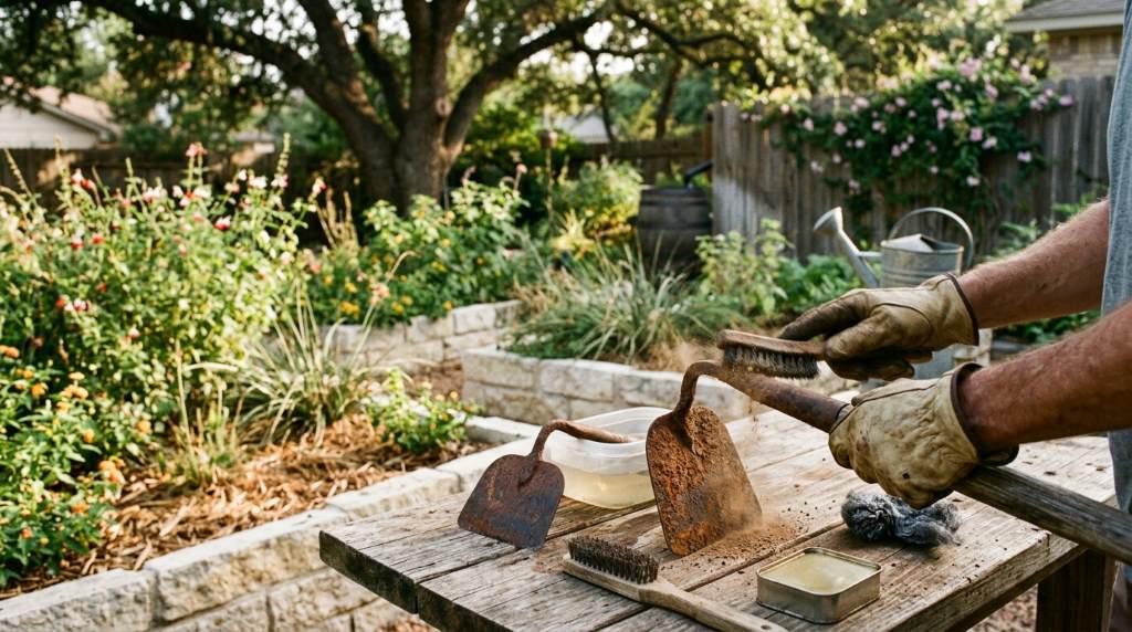 Gardener removing rust from old garden hoe using vinegar soak and steel wool outdoors