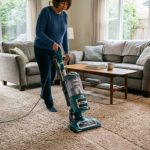 Shark upright vacuum cleaning a carpeted living room floor