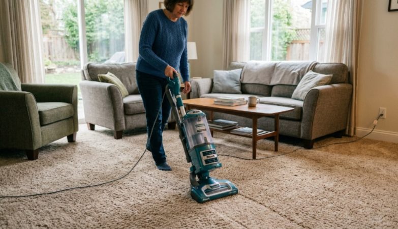 Shark upright vacuum cleaning a carpeted living room floor