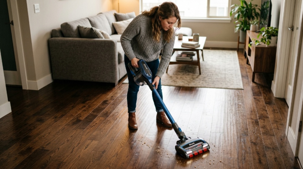 Shark cordless stick vacuum being used on hardwood floors