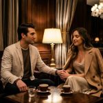 Romantic couple from Miami enjoying late-night coffee in a cozy Manhattan café during autumn evening