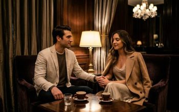 Romantic couple from Miami enjoying late-night coffee in a cozy Manhattan café during autumn evening