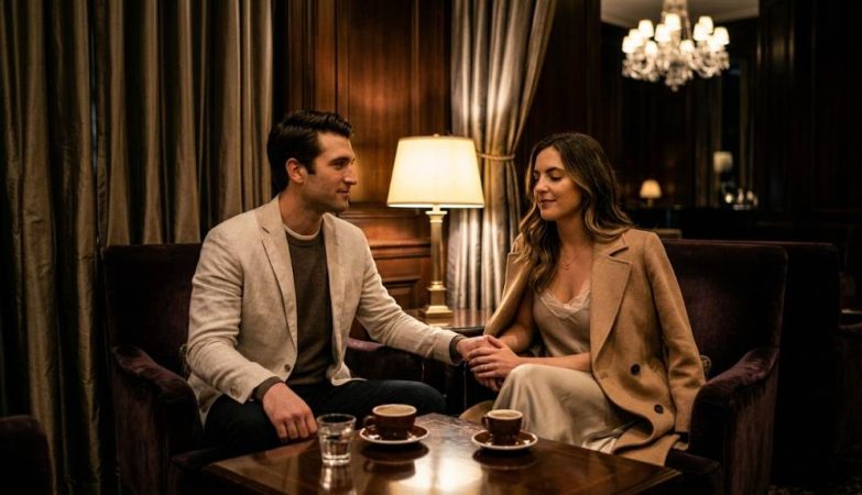 Romantic couple from Miami enjoying late-night coffee in a cozy Manhattan café during autumn evening