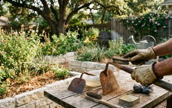 Rusty garden hoe being cleaned with wire brush in an Austin TX backyard garden