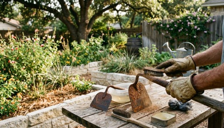 Rusty garden hoe being cleaned with wire brush in an Austin TX backyard garden