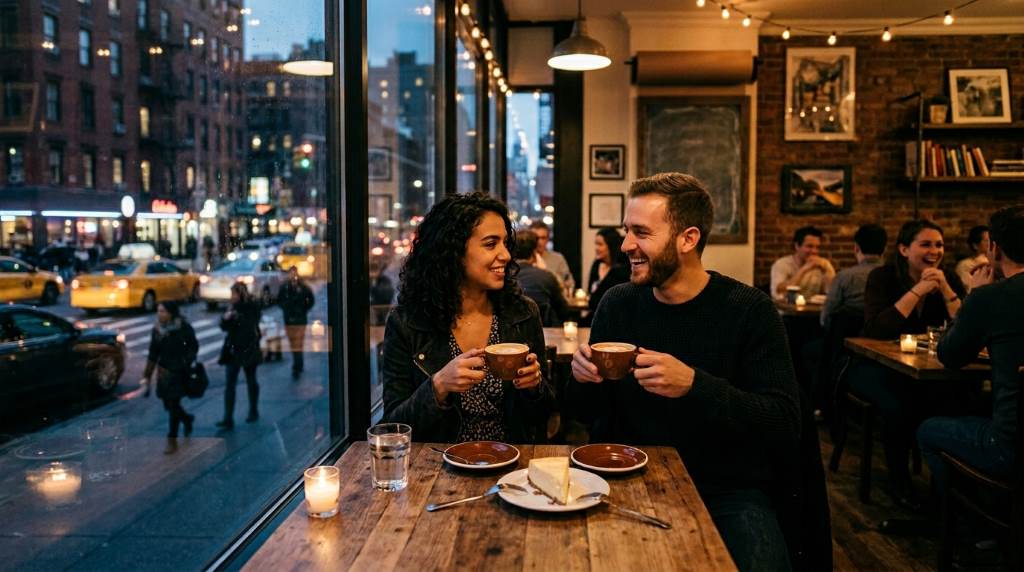 Stylish Manhattan coffee shop with couples relaxing after dinner near Greenwich Village streets at night