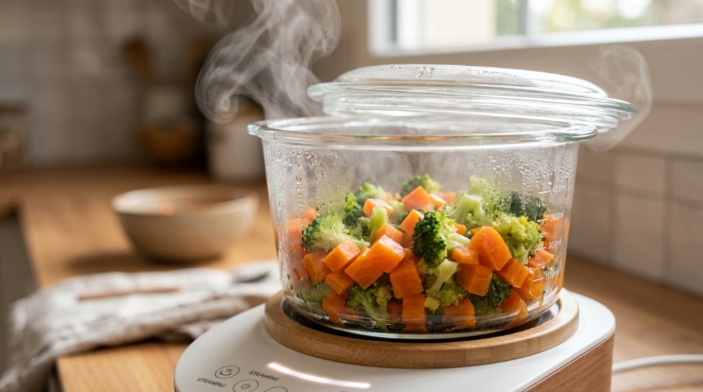 Diced carrots and broccoli steaming inside a transparent baby food maker container.
