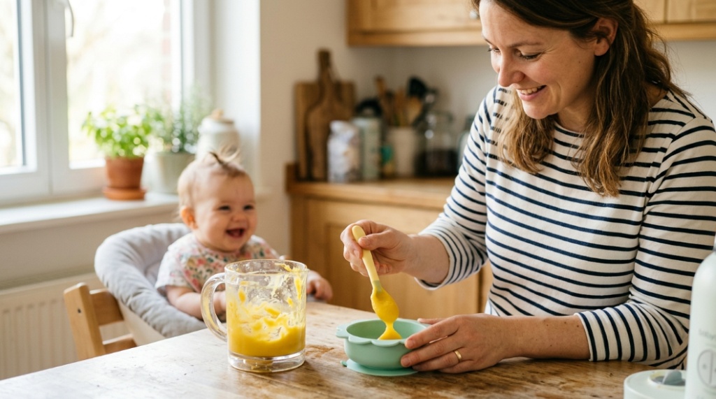 Fresh smooth vegetable puree being scooped from a baby food maker bowl.
