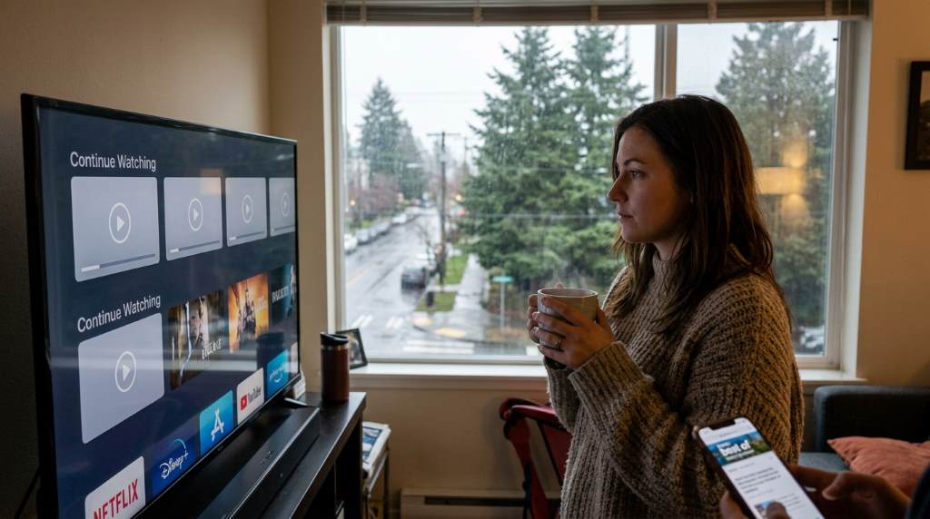 Rainy Seattle evening with streaming entertainment setup