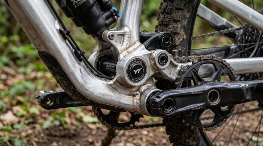 Close up shot of the aluminum frame and rear suspension on a trail bike.