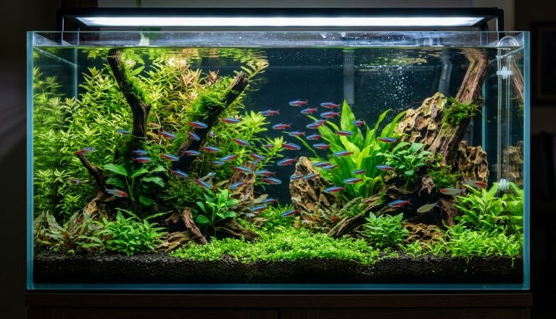 A vibrant freshwater aquarium with pristine clear water and colorful fish.
