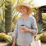 Woman wearing breathable layered outfit with flattering sleeves