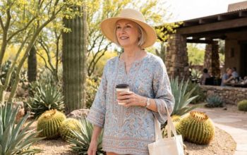 Woman wearing breathable layered outfit with flattering sleeves