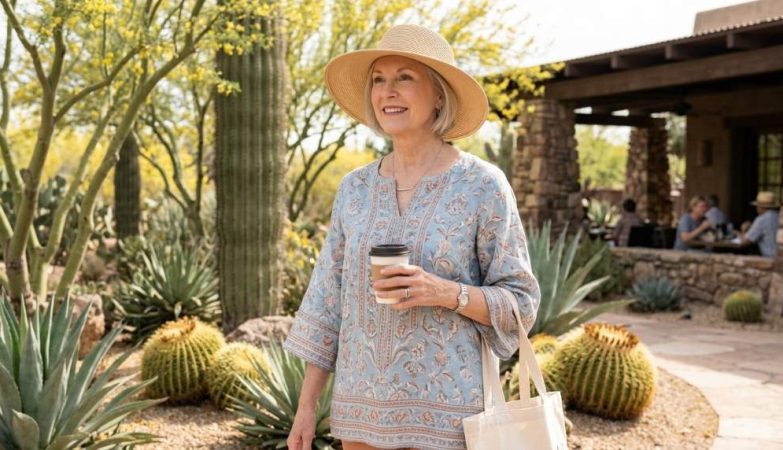 Woman wearing breathable layered outfit with flattering sleeves