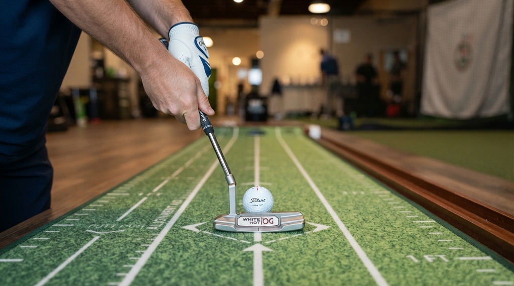 Close-up of hands gripping a putter on an indoor putting mat.