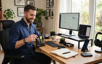 Professional man organizing a tidy modern wooden desk with sleek desk organizers.