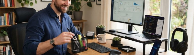 Professional man organizing a tidy modern wooden desk with sleek desk organizers.