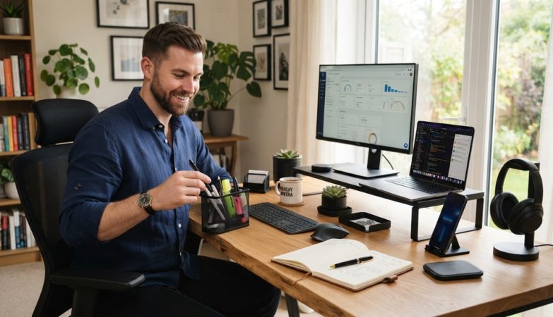 Professional man organizing a tidy modern wooden desk with sleek desk organizers.