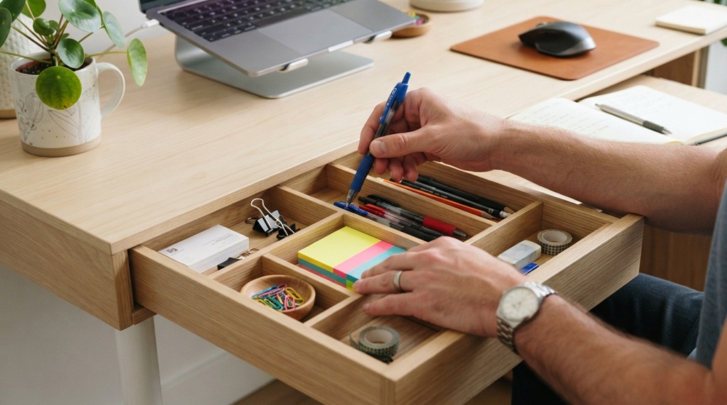 Man hands arranging stationery inside a minimalist drawer divider on a clean desk.