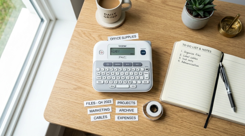 Hands typing custom text on a compact portable label maker keypad.