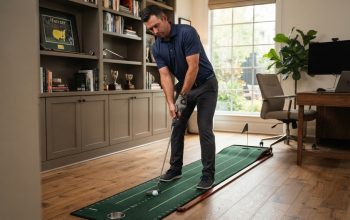 Professional male golfer practicing his putting stroke on an indoor mat at home.