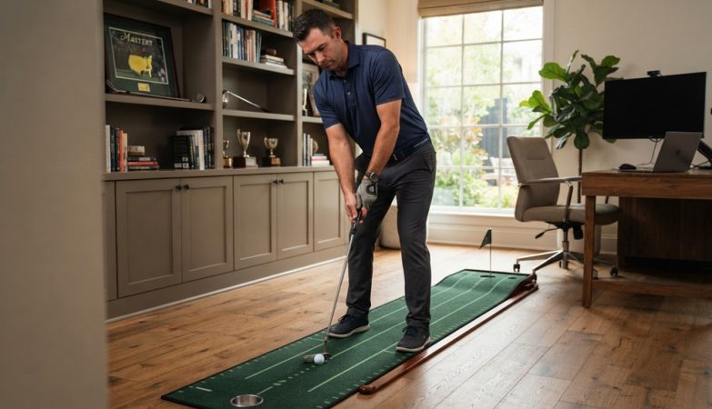 Professional male golfer practicing his putting stroke on an indoor mat at home.