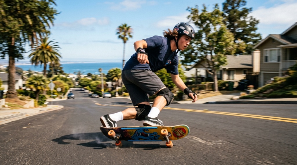 Skater riding a Santa Cruz skateboard down a sunny California street.