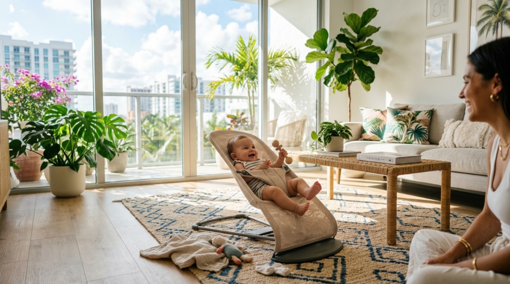Happy infant relaxing securely inside an ergonomic mesh baby bouncer seat.